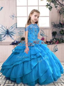Hot Selling Sleeveless Floor Length Beading and Ruffles Lace Up Kids Formal Wear with Aqua Blue