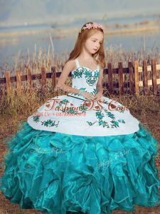 Simple Organza Straps Sleeveless Lace Up Embroidery and Ruffles Child Pageant Dress in Aqua Blue