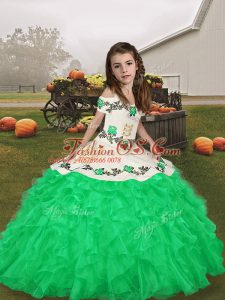 Green Lace Up Straps Embroidery and Ruffles Pageant Gowns For Girls Organza Sleeveless