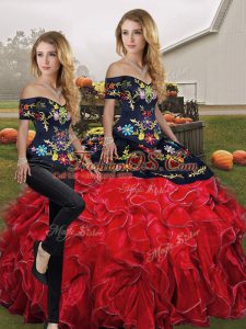 Edgy Organza Off The Shoulder Sleeveless Lace Up Embroidery and Ruffles Sweet 16 Quinceanera Dress in Red And Black