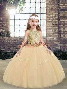 Customized Sleeveless Floor Length Beading Lace Up Little Girl Pageant Dress with Peach