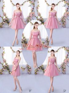 Top Selling Pink V-neck Lace Up Appliques and Belt Bridesmaids Dress Half Sleeves
