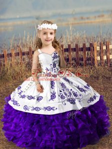 Purple Sleeveless Floor Length Embroidery and Ruffles Lace Up Little Girl Pageant Gowns