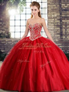 Red Ball Gowns Sweetheart Sleeveless Tulle Brush Train Lace Up Beading Quince Ball Gowns