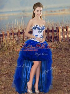 Captivating Royal Blue Lace Up Dress Like A Star Embroidery and Ruffles Sleeveless High Low