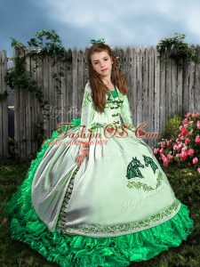 Custom Fit Straps Sleeveless Girls Pageant Dresses Sweep Train Embroidery and Ruffles White Satin and Organza