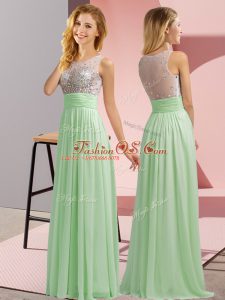 Apple Green Chiffon Side Zipper Quinceanera Court of Honor Dress Sleeveless Floor Length Beading