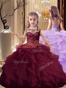 Burgundy Ball Gowns Organza Scoop Sleeveless Beading and Ruffles Lace Up Kids Formal Wear Brush Train