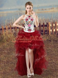 Top Selling Wine Red Lace Up Scoop Embroidery Prom Dresses Organza Sleeveless
