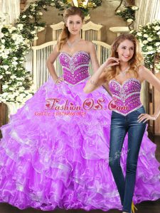 Nice Lilac Sleeveless Floor Length Beading and Ruffles Lace Up Quince Ball Gowns