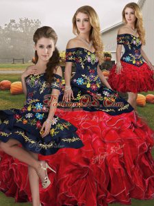 Red And Black Organza Lace Up 15 Quinceanera Dress Sleeveless Floor Length Embroidery and Ruffles