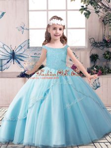 Blue Lace Up Off The Shoulder Beading Little Girls Pageant Dress Wholesale Tulle Sleeveless