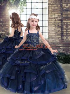 Sleeveless Floor Length Beading and Ruffles Lace Up Kids Formal Wear with Navy Blue