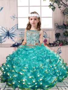 Custom Designed Teal Lace Up Scoop Beading and Ruffles Pageant Gowns For Girls Organza Sleeveless