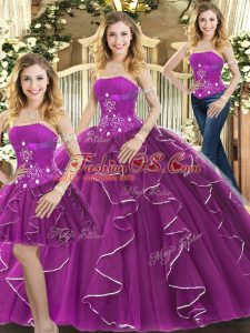 Decent Strapless Sleeveless Lace Up Sweet 16 Dresses Purple Tulle