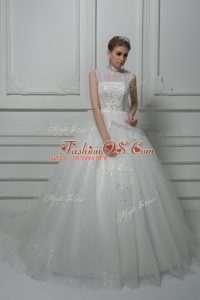 Ball Gowns Sleeveless White Wedding Gown Brush Train Lace Up