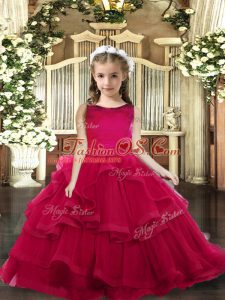 Red Ball Gowns Sleeveless Tulle Floor Length Lace Up Ruffled Layers Little Girl Pageant Dress