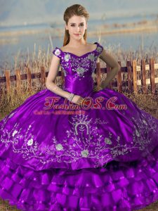 Super Purple Sleeveless Embroidery and Ruffled Layers Floor Length Quinceanera Dress