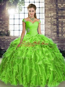 Dynamic Lace Up Off The Shoulder Beading and Ruffles Quinceanera Dresses Organza Sleeveless Brush Train
