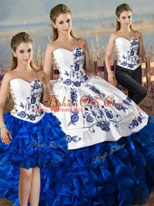 Best Selling Blue And White Sweetheart Neckline Embroidery and Ruffles Quinceanera Dress Sleeveless Lace Up