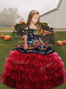 High End Floor Length Red Kids Pageant Dress Straps Sleeveless Lace Up