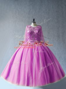 Glamorous Lilac Lace Up Sweet 16 Dresses Beading Long Sleeves Floor Length