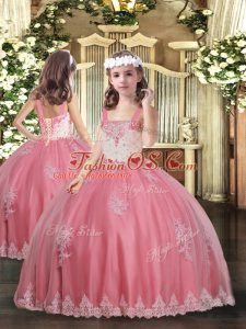 Fashion Watermelon Red Lace Up Straps Appliques Kids Pageant Dress Tulle Sleeveless
