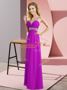 Traditional Sleeveless Chiffon Floor Length Criss Cross Prom Evening Gown in Purple with Beading