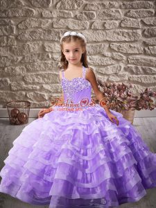 Hot Selling Lavender Kids Formal Wear Organza Brush Train Sleeveless Beading and Ruffled Layers
