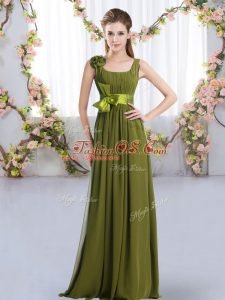 Olive Green Empire Chiffon Straps Sleeveless Belt and Hand Made Flower Floor Length Zipper Vestidos de Damas