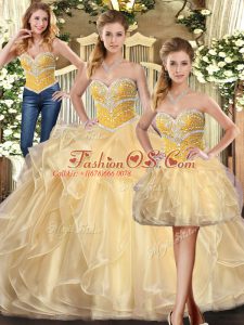Champagne Lace Up Sweet 16 Quinceanera Dress Beading and Ruffles Sleeveless Floor Length