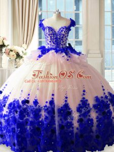 Gorgeous Blue And White Sleeveless Brush Train Hand Made Flower Sweet 16 Dress