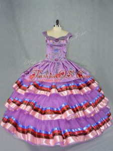 Purple Ball Gowns Embroidery and Ruffled Layers Ball Gown Prom Dress Lace Up Organza Sleeveless Floor Length