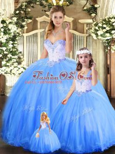 Trendy Ball Gowns Quinceanera Dress Blue Sweetheart Tulle Sleeveless Floor Length Lace Up