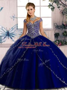 Luxurious Royal Blue Cap Sleeves Tulle Brush Train Lace Up Quinceanera Dress for Sweet 16 and Quinceanera
