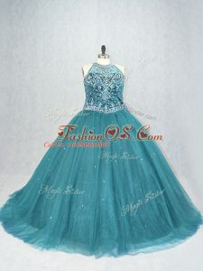 Hot Sale Teal Scoop Lace Up Beading Ball Gown Prom Dress Brush Train Sleeveless