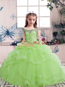 Fashionable Floor Length Lace Up Girls Pageant Dresses Yellow Green for Party and Military Ball and Wedding Party with Beading and Ruffles
