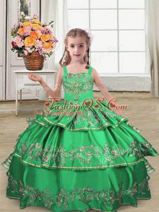 Floor Length Lace Up Little Girl Pageant Dress Green for Wedding Party with Embroidery and Ruffled Layers