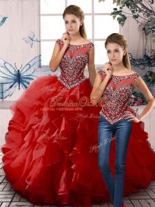 Inexpensive Sleeveless Floor Length Beading and Ruffles Zipper Vestidos de Quinceanera with Red