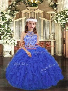 New Arrival Floor Length Lace Up Pageant Dress for Teens Royal Blue for Party and Sweet 16 and Wedding Party with Beading and Ruffles