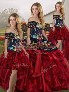 High Class Floor Length Red And Black Quinceanera Dress Off The Shoulder Sleeveless Lace Up