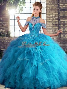 Blue Sleeveless Tulle Lace Up Quince Ball Gowns for Military Ball and Sweet 16 and Quinceanera