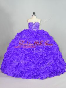 Designer Purple Fabric With Rolling Flowers Lace Up Quince Ball Gowns Sleeveless Court Train Beading