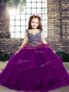 Purple Tulle Lace Up Straps Sleeveless Floor Length Pageant Gowns For Girls Beading