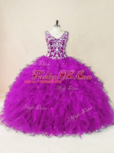 Gorgeous Fuchsia Tulle Backless V-neck Sleeveless Floor Length Vestidos de Quinceanera Beading