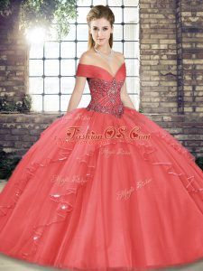Latest Beading and Ruffles Quinceanera Gowns Watermelon Red Lace Up Sleeveless Floor Length