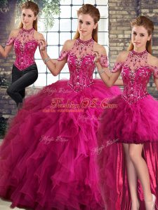 Stunning Fuchsia Lace Up Halter Top Beading and Ruffles Vestidos de Quinceanera Tulle Sleeveless