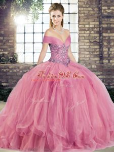 Amazing Beading and Ruffles Sweet 16 Dresses Watermelon Red Lace Up Sleeveless Floor Length