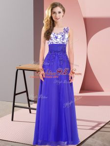 Luxurious Sleeveless Chiffon Floor Length Backless Damas Dress in Blue with Appliques