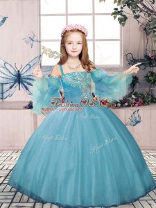 Hot Sale Straps Sleeveless Little Girl Pageant Gowns Floor Length Beading Blue Tulle